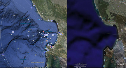 Monterey Bay Canyon in Google Earth 5.0 (left) and early versions (right).
