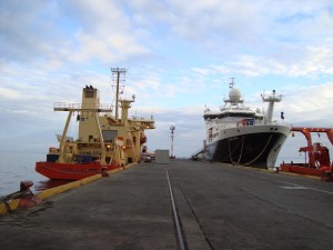 The  James Cook (right, British Antarctic Programme) happened to be right next to our vessel, the Nathaniel B. Palmer (left, United States Antarctic Program) as we were readying for departure in Punta Arenas, Chile.