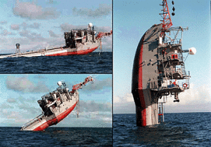 FLIP is towed to its operating area in the horizontal position and through ballast changes is "flipped" to the vertical position to become a stable spar buoy with a draft of 300 feet. Photo from MPL.